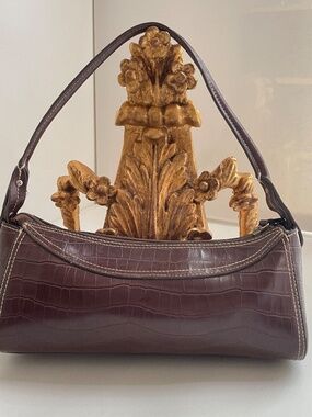 Y2K Croc Embossed Baguette Shoulder Bag Contrast Stitch East West Purse